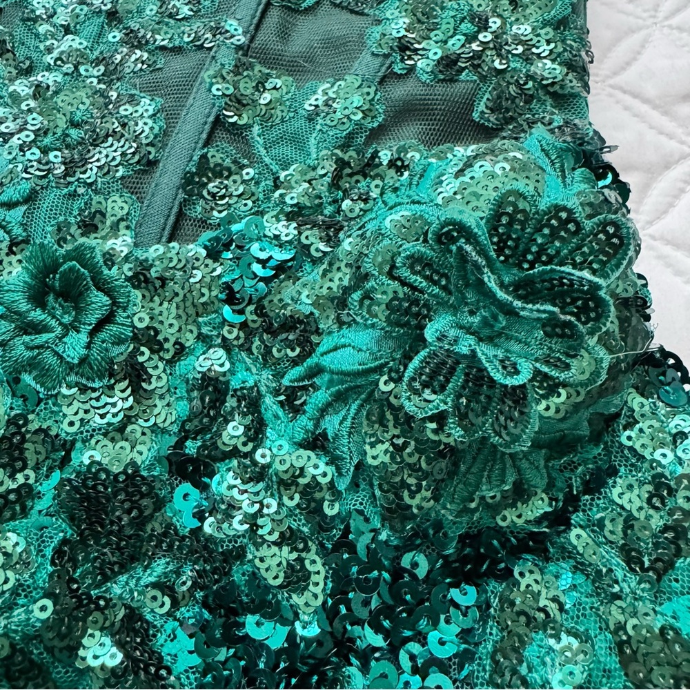 STACEES Dark Green Floral Sheer Corset Sequin Mini Spaghetti Strap Dress Sz 2 - Picture 16 of 16